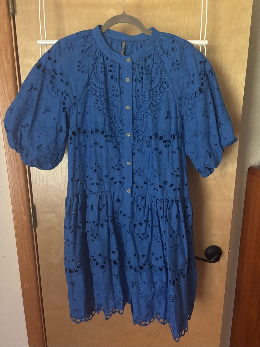 Anthropologie Eyelet Button-Front Mini Dress in Royal Blue - Picture 2 of 4